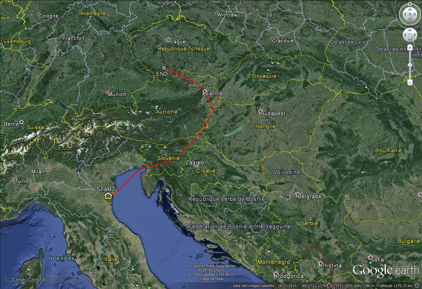 Trajet journalier d'une oie cendrée entre son quartier d'hivernage en Italie et son site de nidification en République tchèque.